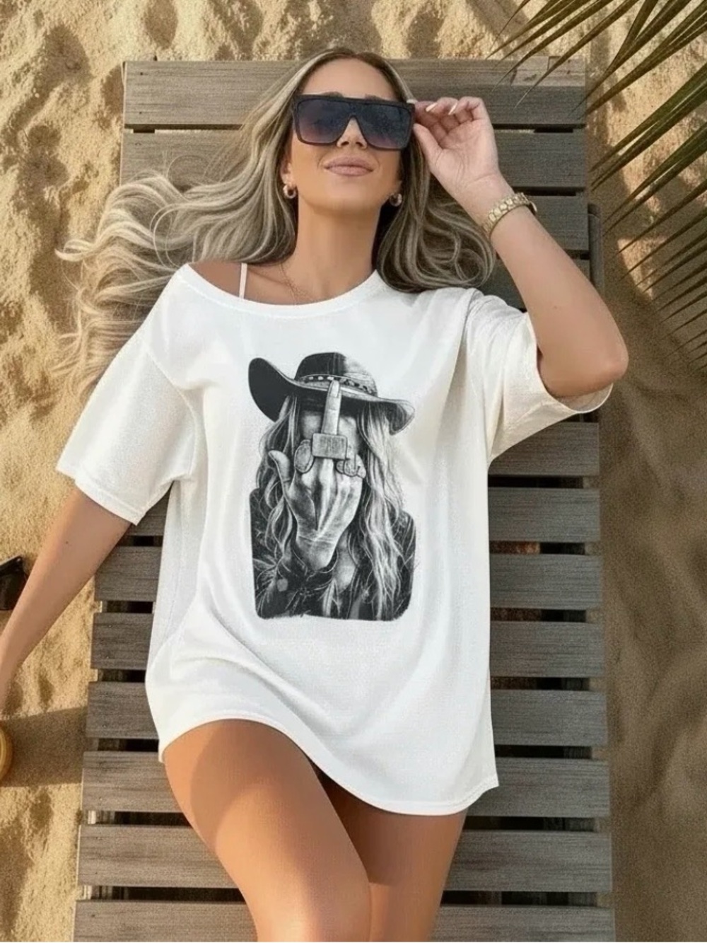 Western Cowgirl Off Shoulder Graphic
Tee On Ivory